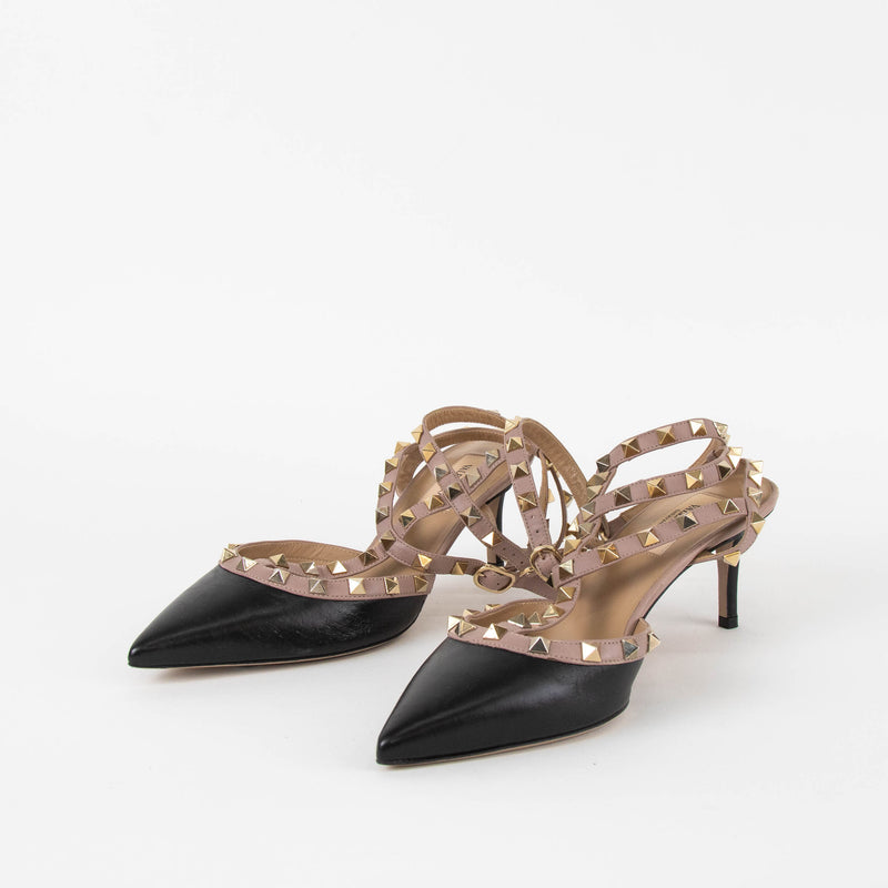 Valentino Garavani Black Beige Trim Rockstud  Pointy Heeled Shoes
