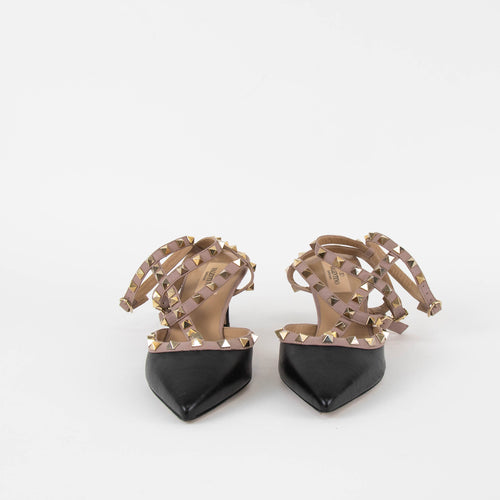 Valentino Garavani Black Beige Trim Rockstud  Pointy Heeled Shoes