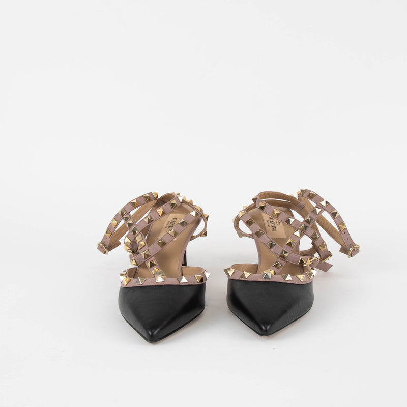Valentino Garavani Black Beige Trim Rockstud  Pointy Heeled Shoes