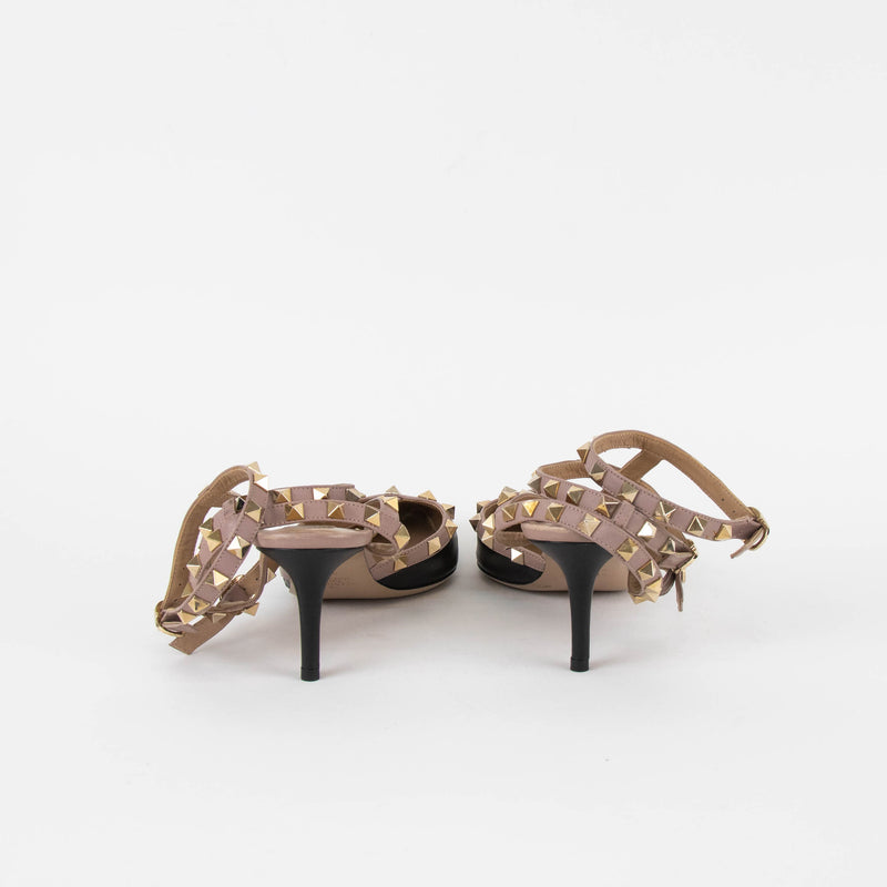 Valentino Garavani Black Beige Trim Rockstud  Pointy Heeled Shoes