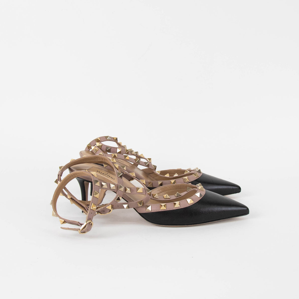 Valentino Garavani Black Beige Trim Rockstud  Pointy Heeled Shoes