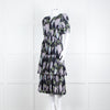 La Vie Rebecca Taylor Black Lilac Green Floral Frill Detail Midi Cotton Dress
