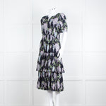 La Vie Rebecca Taylor Black Lilac Green Floral Frill Detail Midi Cotton Dress
