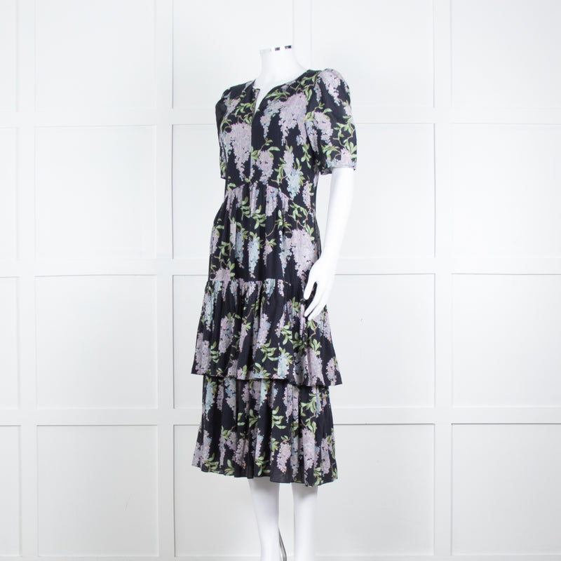 La Vie Rebecca Taylor Black Lilac Green Floral Frill Detail Midi Cotton Dress