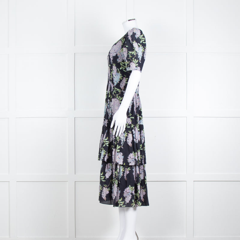 La Vie Rebecca Taylor Black Lilac Green Floral Frill Detail Midi Cotton Dress