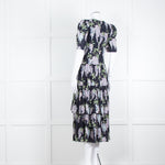 La Vie Rebecca Taylor Black Lilac Green Floral Frill Detail Midi Cotton Dress
