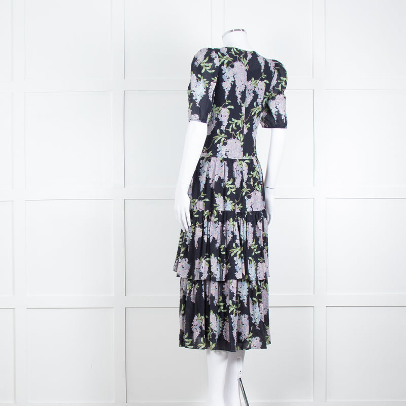 La Vie Rebecca Taylor Black Lilac Green Floral Frill Detail Midi Cotton Dress