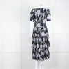 La Vie Rebecca Taylor Black Lilac Green Floral Frill Detail Midi Cotton Dress