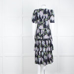 La Vie Rebecca Taylor Black Lilac Green Floral Frill Detail Midi Cotton Dress