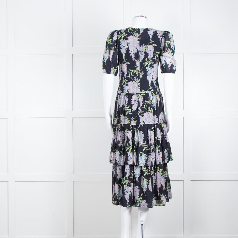 La Vie Rebecca Taylor Black Lilac Green Floral Frill Detail Midi Cotton Dress