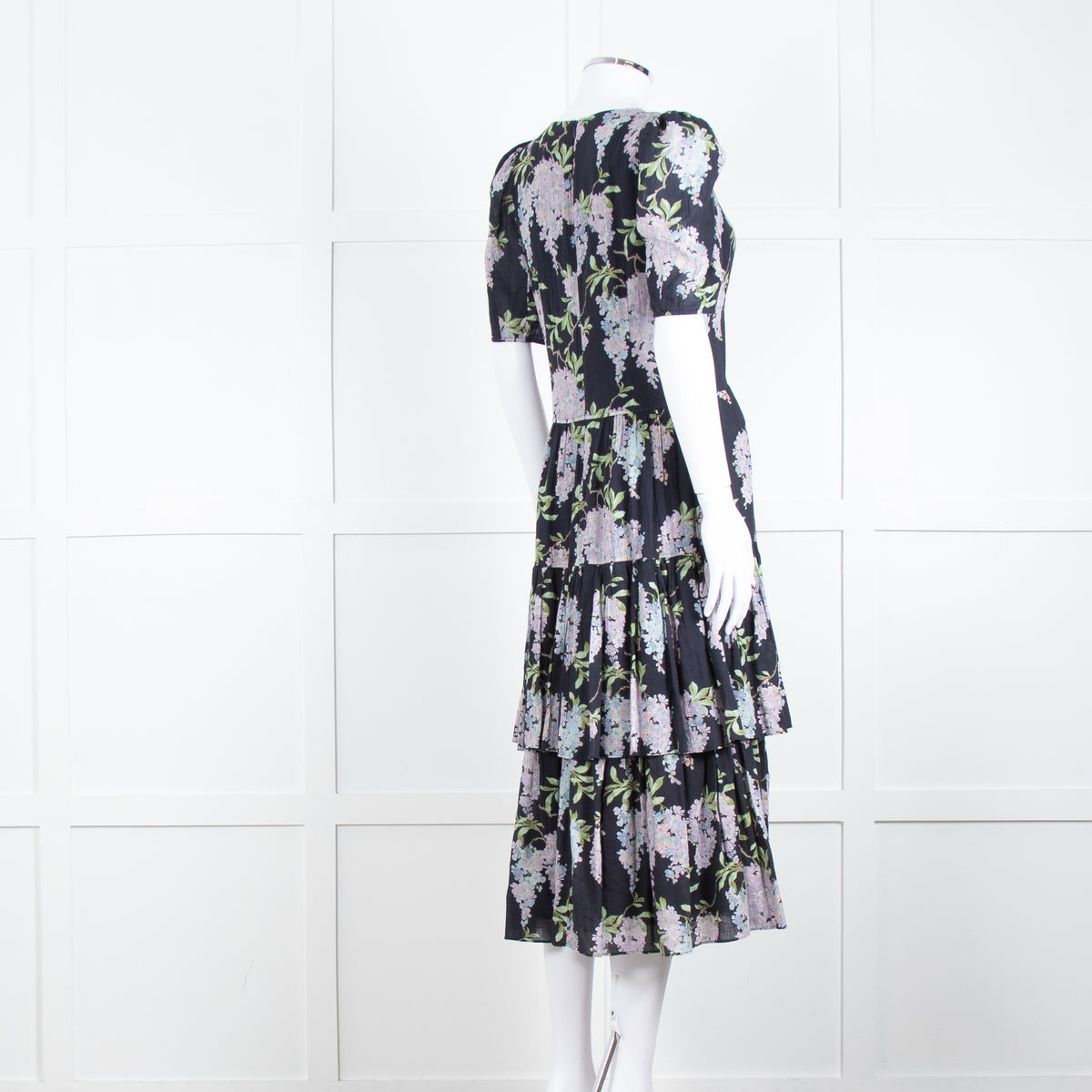 La Vie Rebecca Taylor Black Lilac Green Floral Frill Detail Midi Cotton Dress
