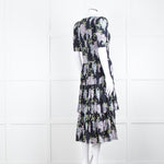 La Vie Rebecca Taylor Black Lilac Green Floral Frill Detail Midi Cotton Dress