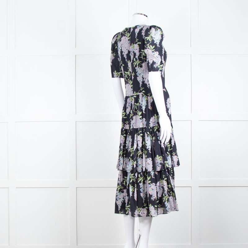La Vie Rebecca Taylor Black Lilac Green Floral Frill Detail Midi Cotton Dress