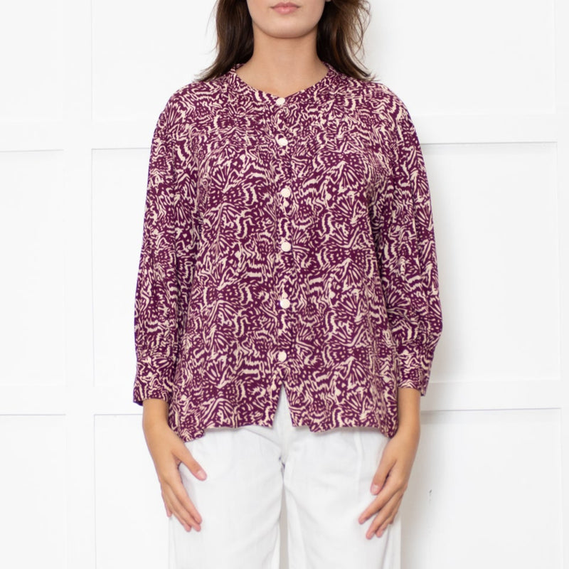 Ba&sh Cream Burgundy Print Pin Tuck Detail 3/4 Sleeved Blouse