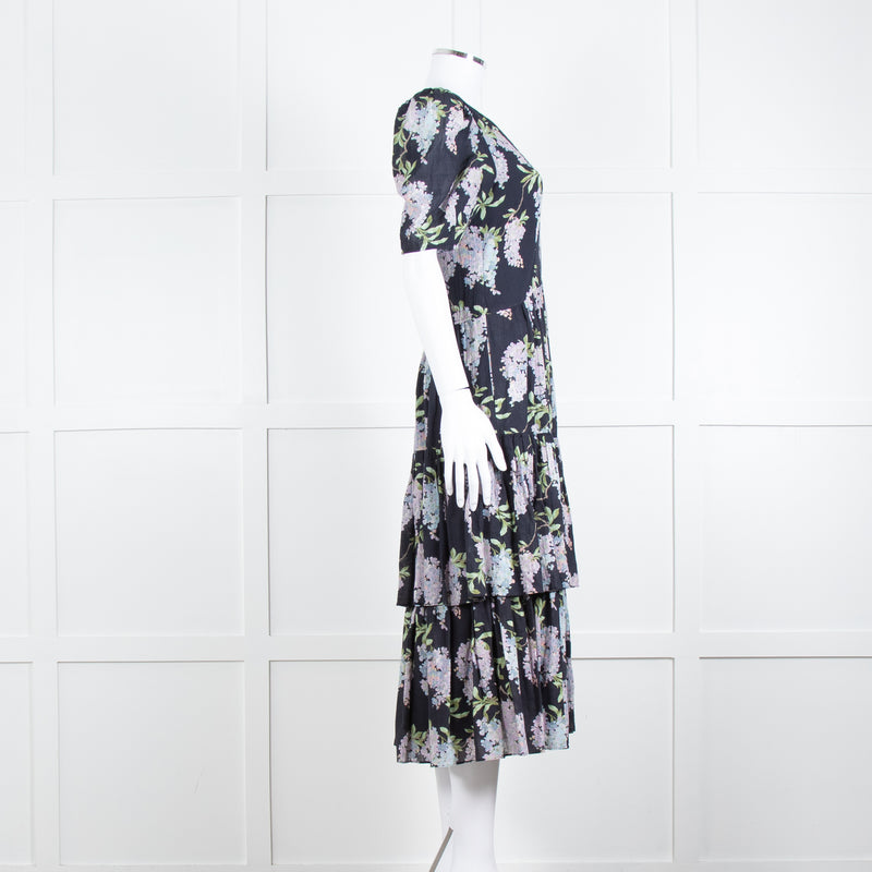La Vie Rebecca Taylor Black Lilac Green Floral Frill Detail Midi Cotton Dress