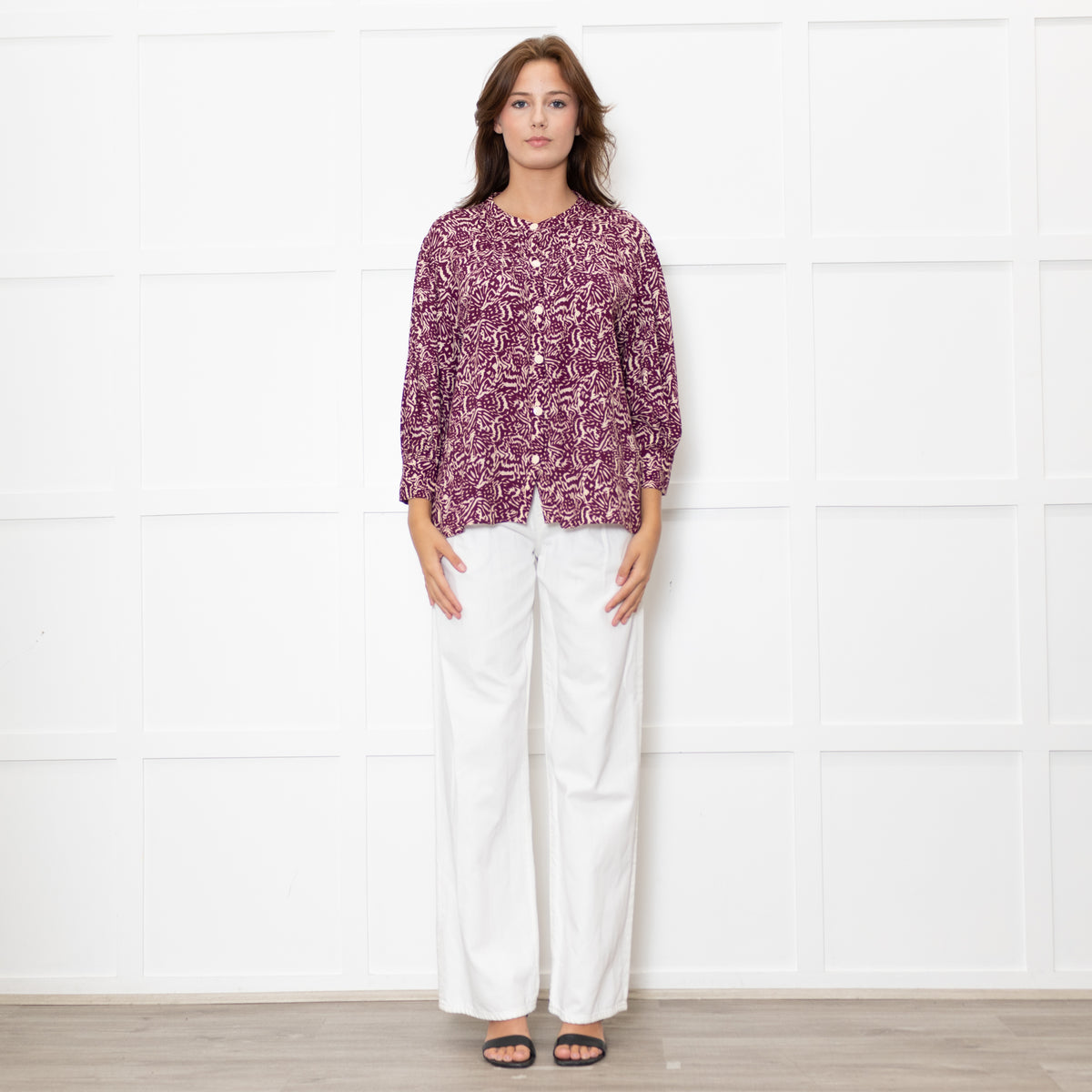 Ba&sh Cream Burgundy Print Pin Tuck Detail 3/4 Sleeved Blouse