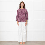 Ba&sh Cream Burgundy Print Pin Tuck Detail 3/4 Sleeved Blouse