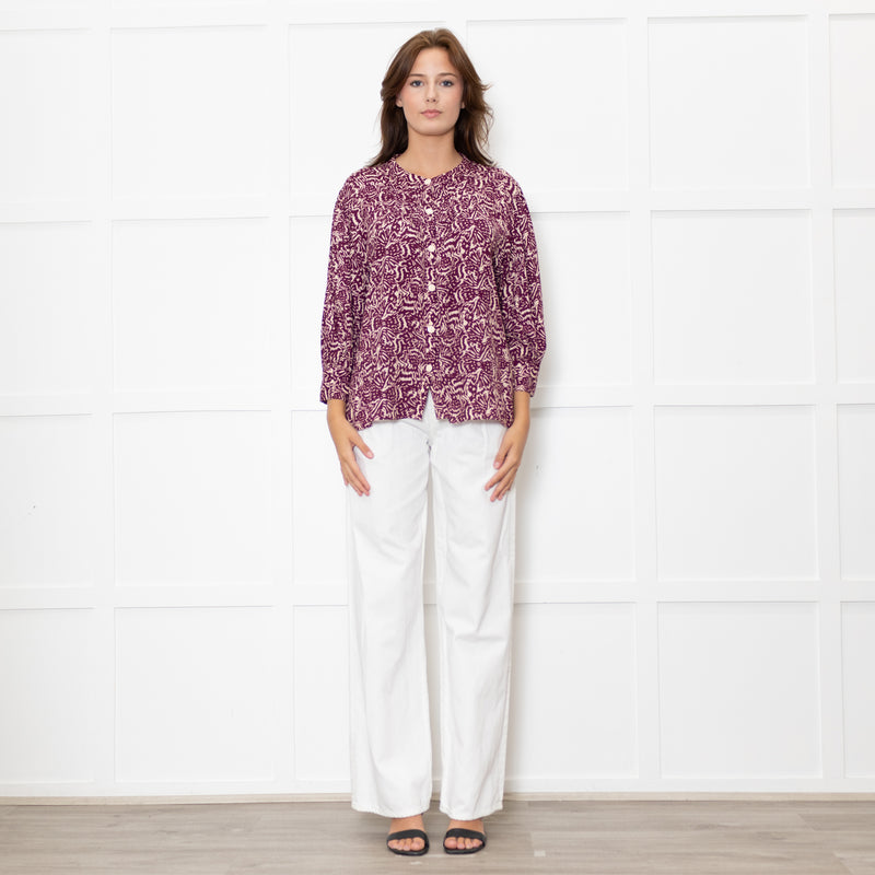 Ba&sh Cream Burgundy Print Pin Tuck Detail 3/4 Sleeved Blouse