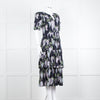 La Vie Rebecca Taylor Black Lilac Green Floral Frill Detail Midi Cotton Dress