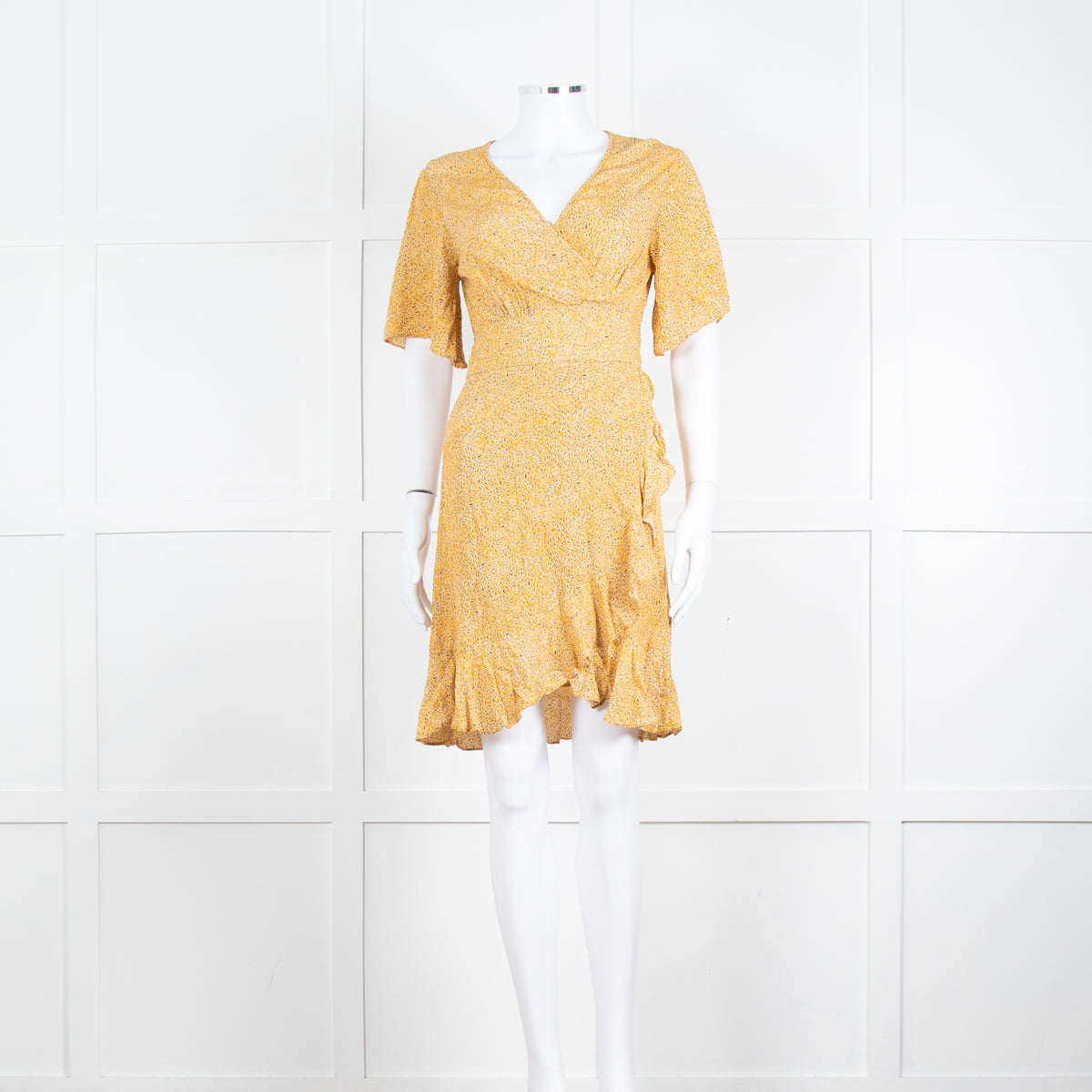Ba&sh Yellow Black Cream Print Wrap Dress