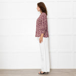 Ba&sh Cream Burgundy Print Pin Tuck Detail 3/4 Sleeved Blouse