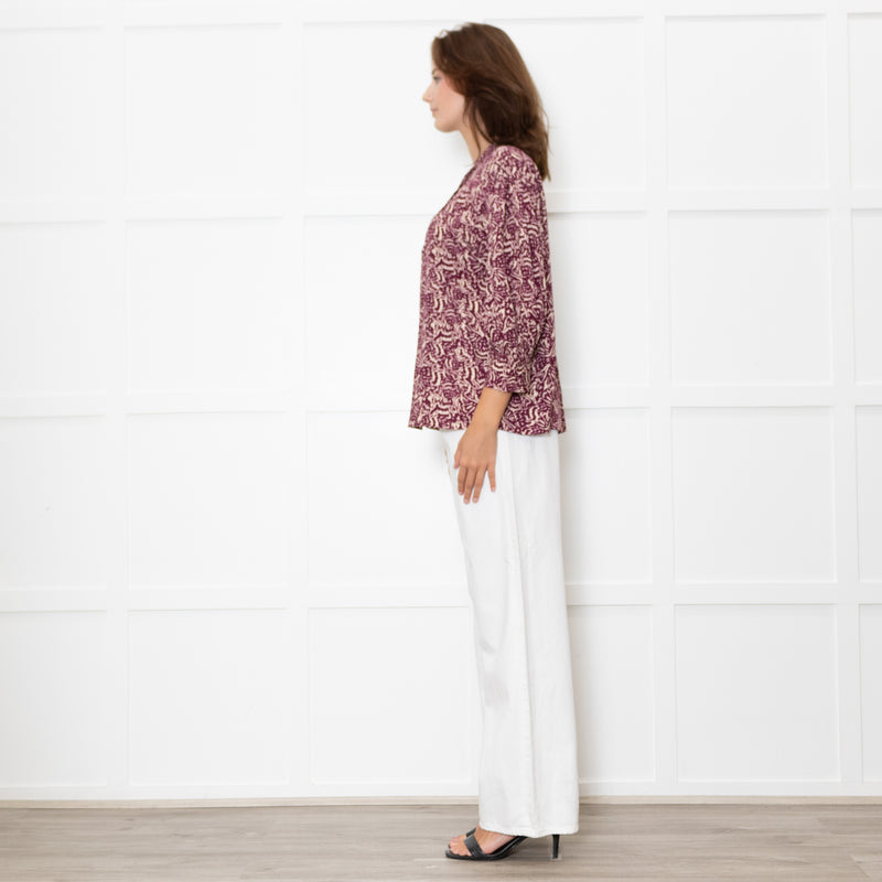 Ba&sh Cream Burgundy Print Pin Tuck Detail 3/4 Sleeved Blouse