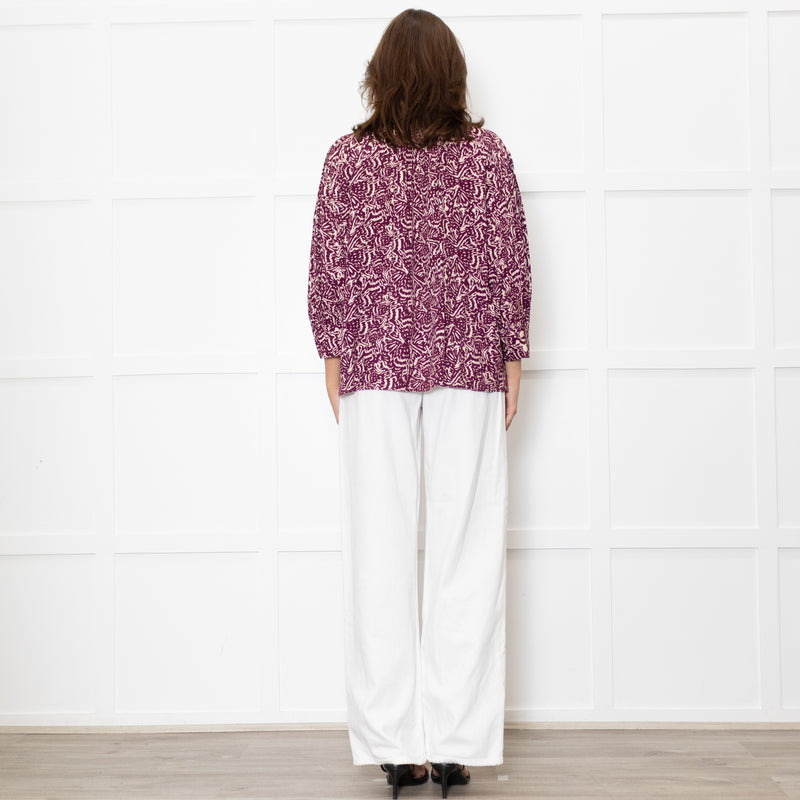 Ba&sh Cream Burgundy Print Pin Tuck Detail 3/4 Sleeved Blouse