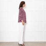 Ba&sh Cream Burgundy Print Pin Tuck Detail 3/4 Sleeved Blouse