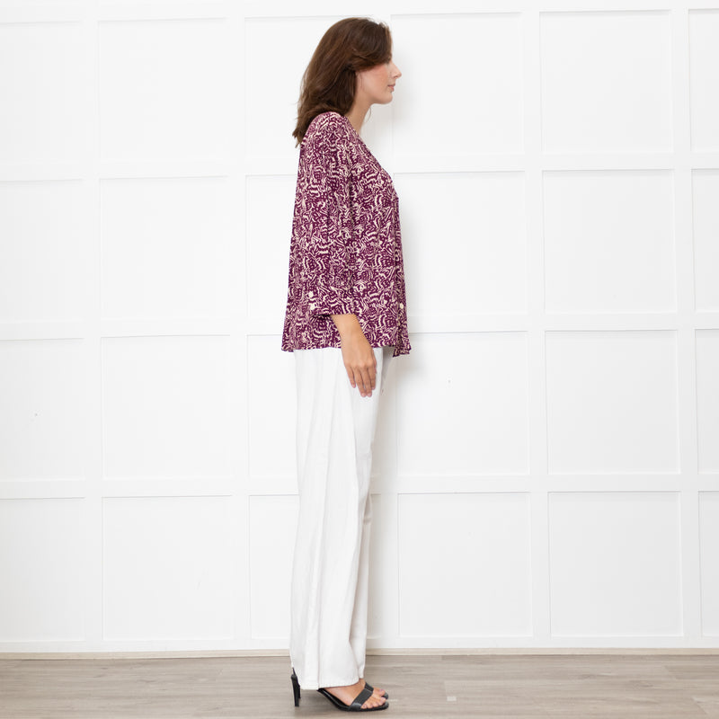 Ba&sh Cream Burgundy Print Pin Tuck Detail 3/4 Sleeved Blouse