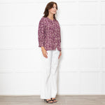 Ba&sh Cream Burgundy Print Pin Tuck Detail 3/4 Sleeved Blouse