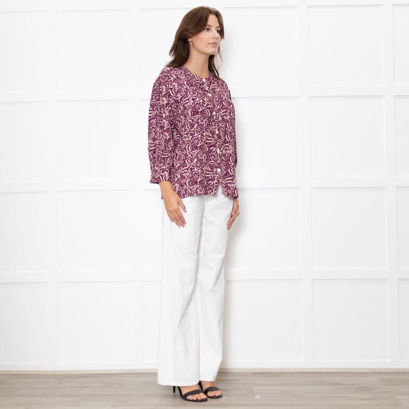 Ba&sh Cream Burgundy Print Pin Tuck Detail 3/4 Sleeved Blouse