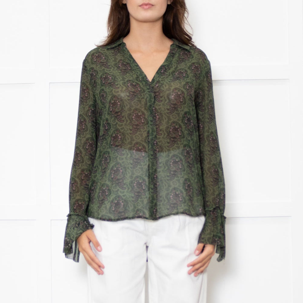 Paige Green Floral Blouse with Wide Cuff