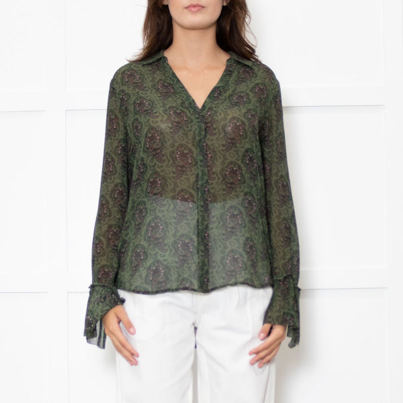 Paige Green Floral Blouse with Wide Cuff
