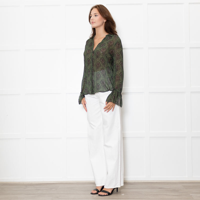 Paige Green Floral Blouse with Wide Cuff