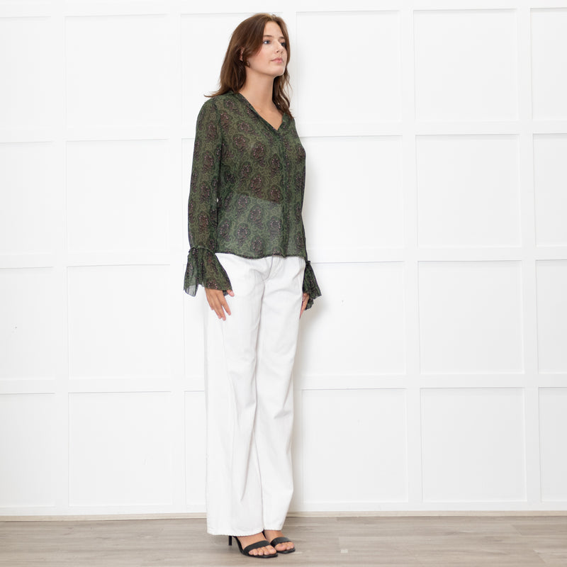 Paige Green Floral Blouse with Wide Cuff