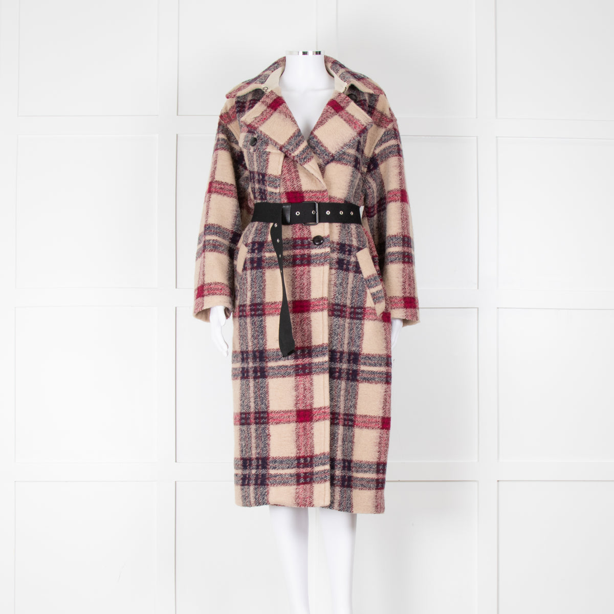 Isabel Marant Etoile Beige Pink Check Long Belted Coat