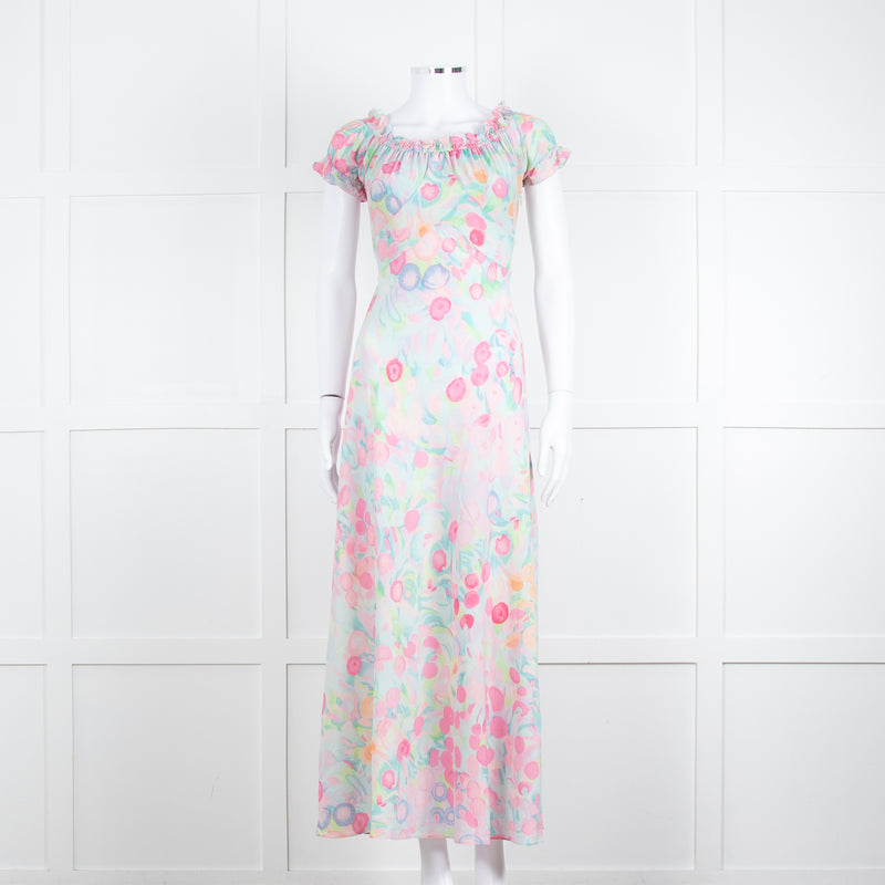 Rixo London Pale Green Pink Blue Silk Print Maxi Dress