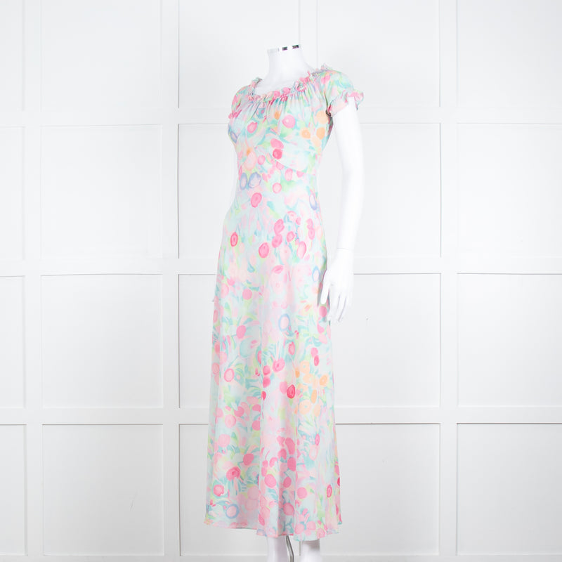 Rixo London Pale Green Pink Blue Silk Print Maxi Dress