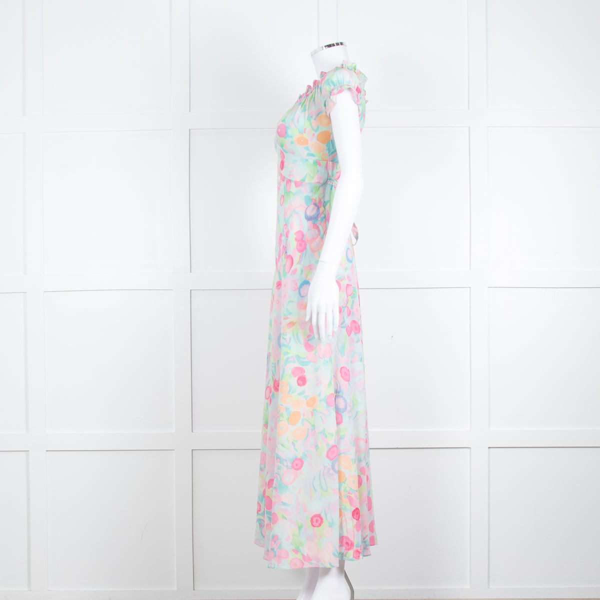 Rixo London Pale Green Pink Blue Silk Print Maxi Dress