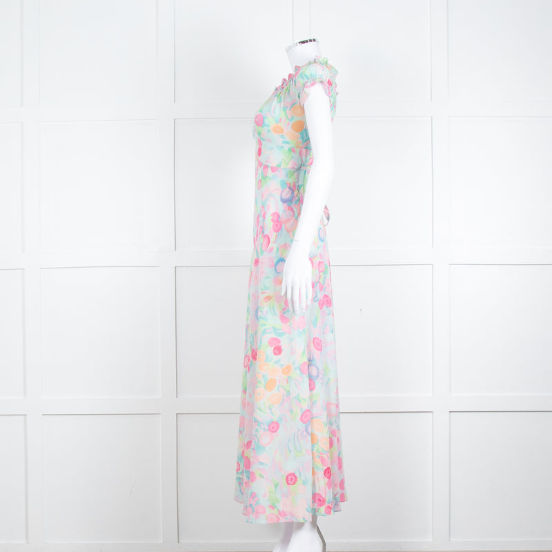 Rixo London Pale Green Pink Blue Silk Print Maxi Dress