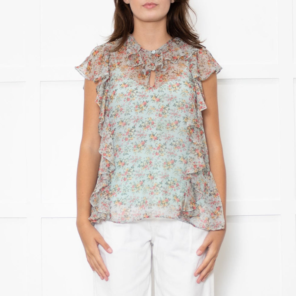 Twinset Blue Sheer Micro Floral Frilled Blouse