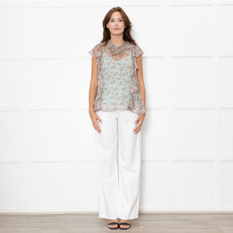 Twinset Blue Sheer Micro Floral Frilled Blouse