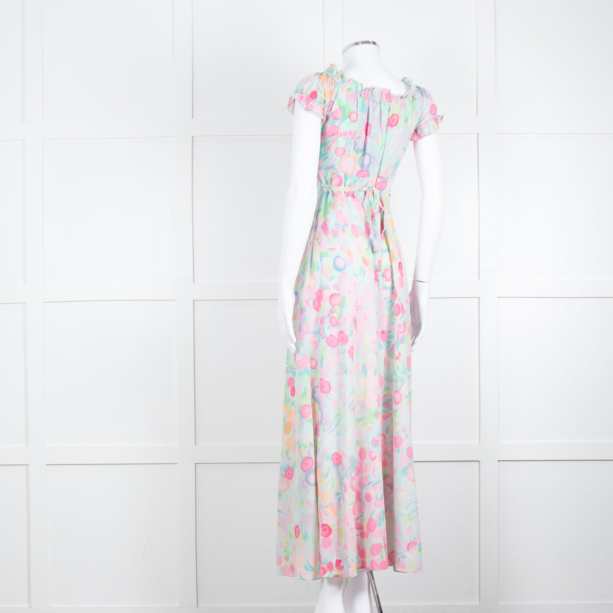 Rixo London Pale Green Pink Blue Silk Print Maxi Dress
