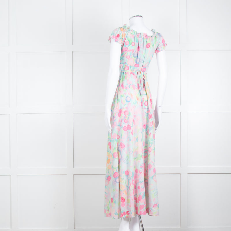 Rixo London Pale Green Pink Blue Silk Print Maxi Dress