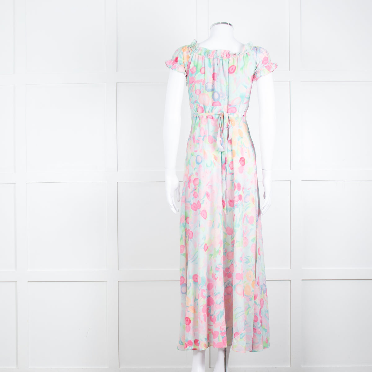 Rixo London Pale Green Pink Blue Silk Print Maxi Dress
