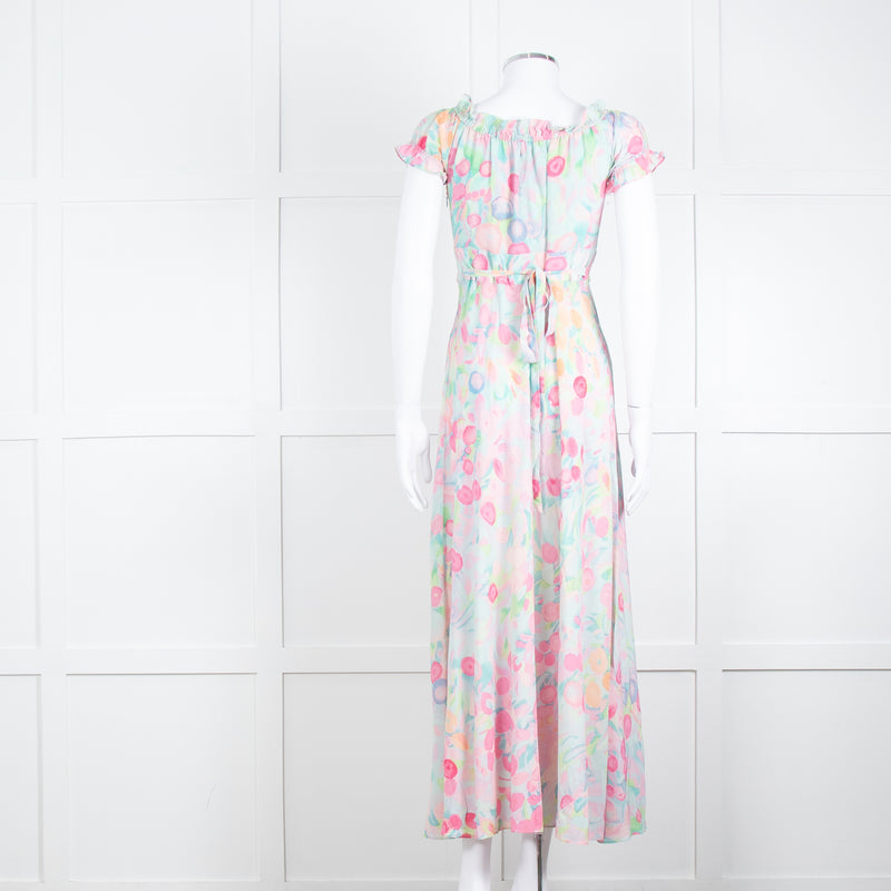 Rixo London Pale Green Pink Blue Silk Print Maxi Dress