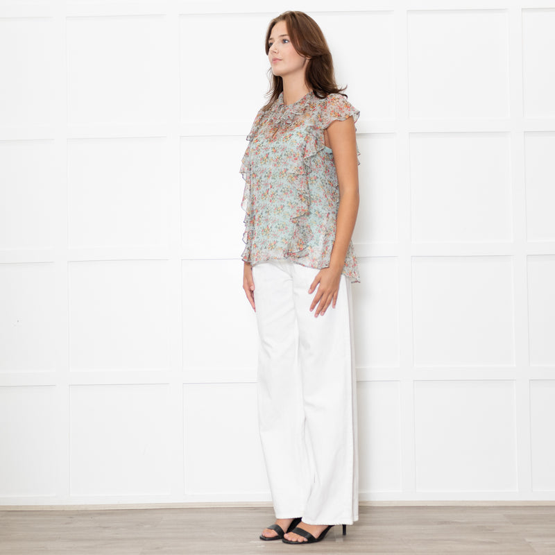 Twinset Blue Sheer Micro Floral Frilled Blouse