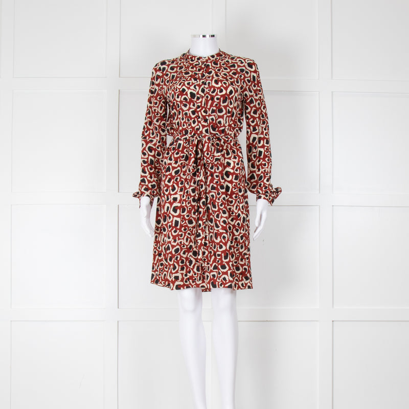 Gucci Rusty Brown Cream Silk Long Sleeve Belted Short Dress