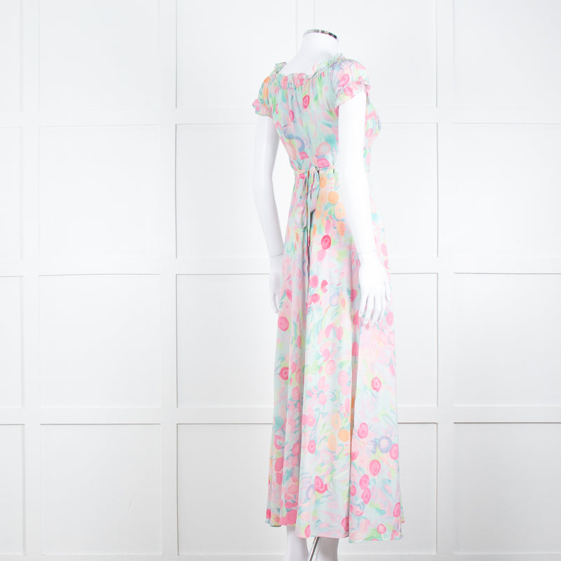 Rixo London Pale Green Pink Blue Silk Print Maxi Dress