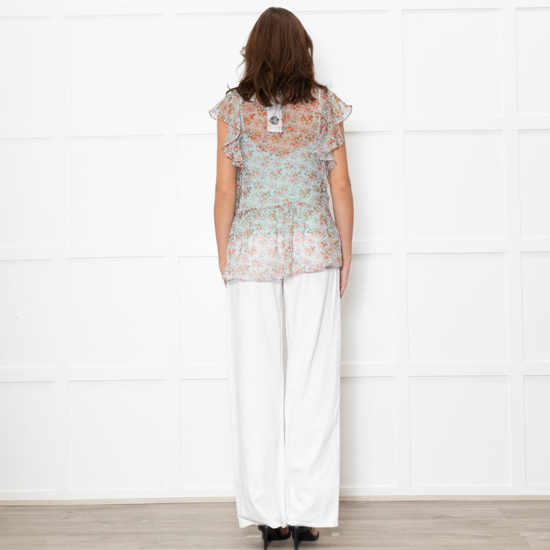 Twinset Blue Sheer Micro Floral Frilled Blouse
